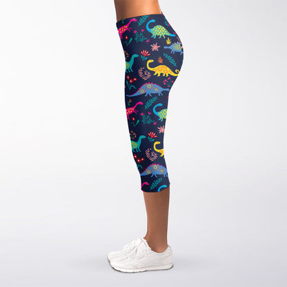 Cute Dino Floral Pattern Print Women's Capri Leggings