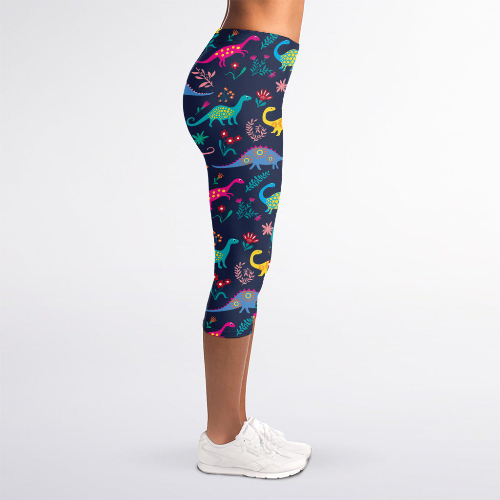 Cute Dino Floral Pattern Print Women's Capri Leggings