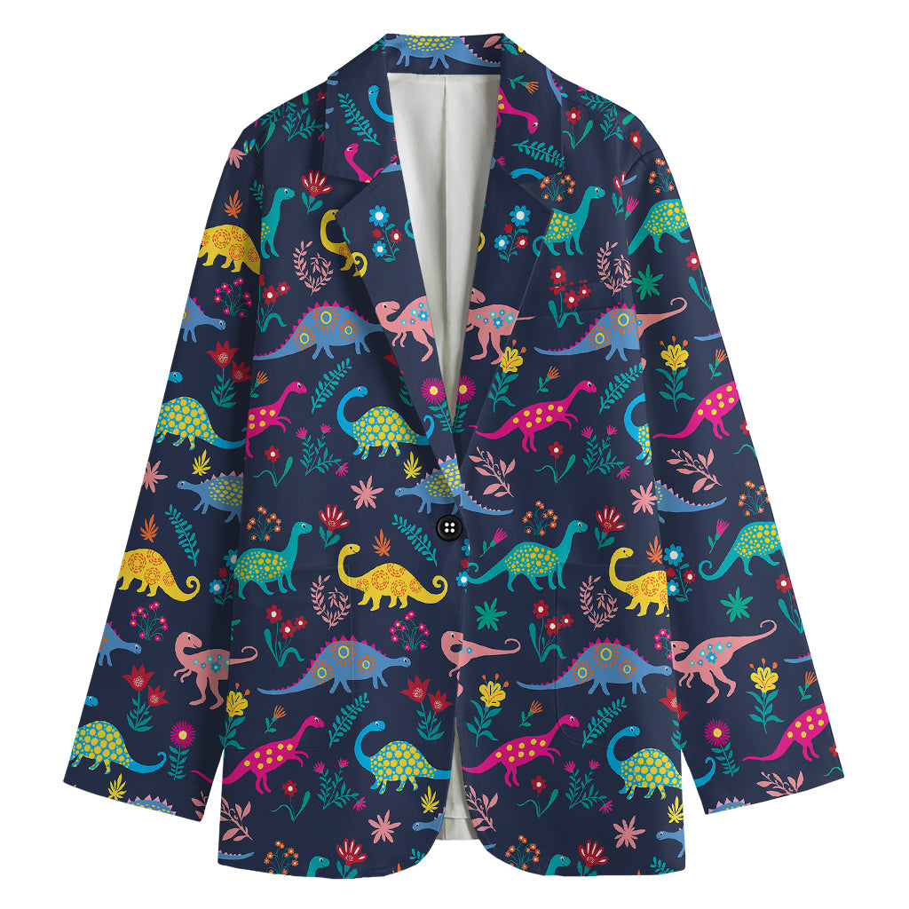 Cute Dino Floral Pattern Print Women's Cotton Blazer