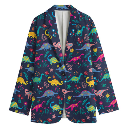 Cute Dino Floral Pattern Print Women's Cotton Blazer