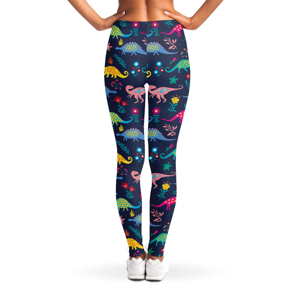 Cute Dino Floral Pattern Print Women's Leggings