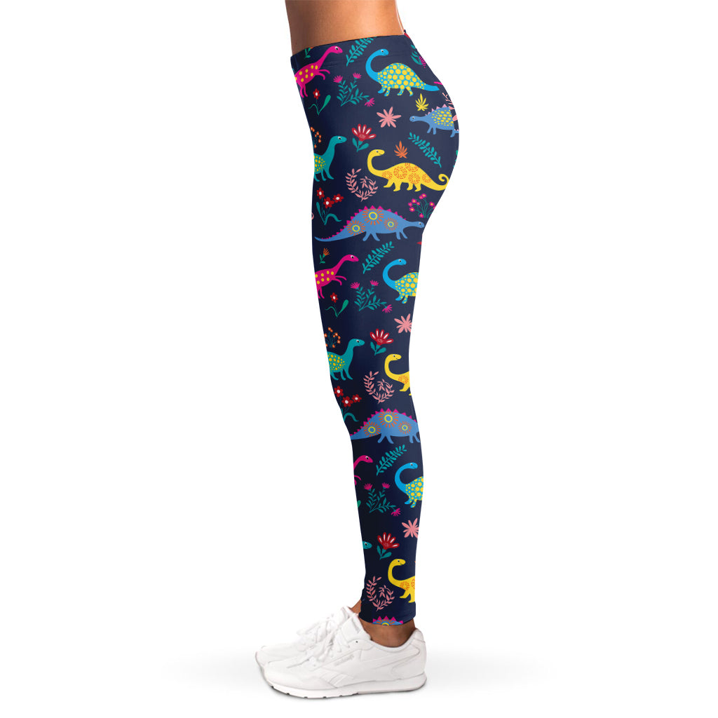 Cute Dino Floral Pattern Print Women's Leggings