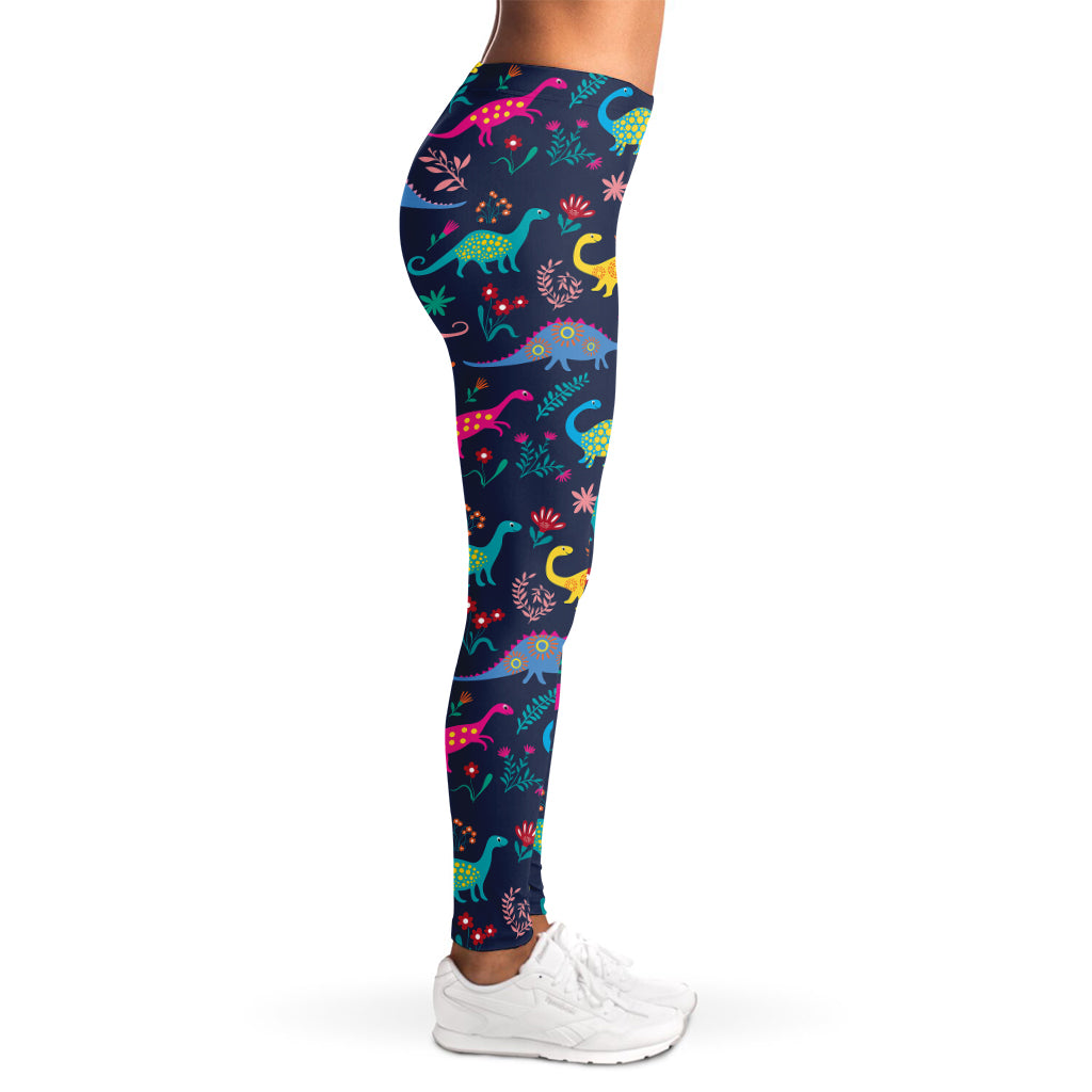 Cute Dino Floral Pattern Print Women's Leggings