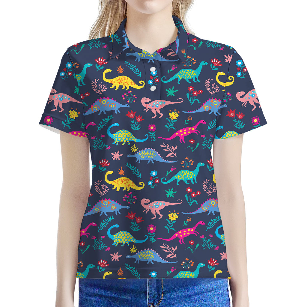 Cute Dino Floral Pattern Print Women's Polo Shirt