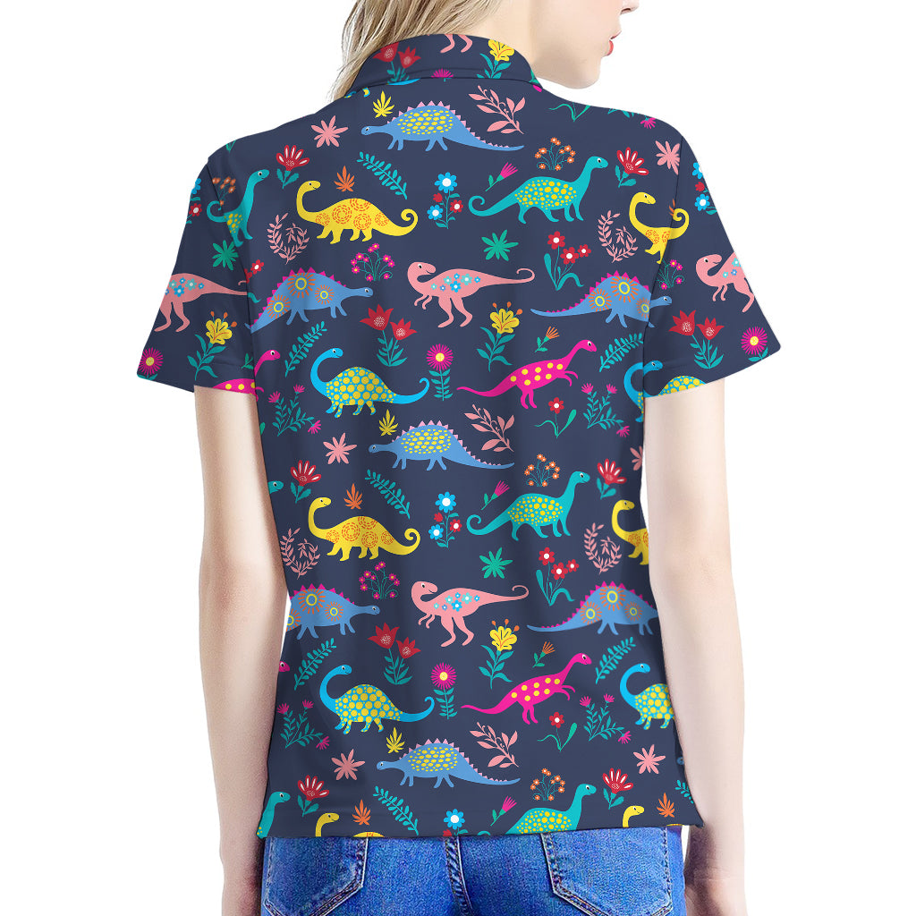 Cute Dino Floral Pattern Print Women's Polo Shirt
