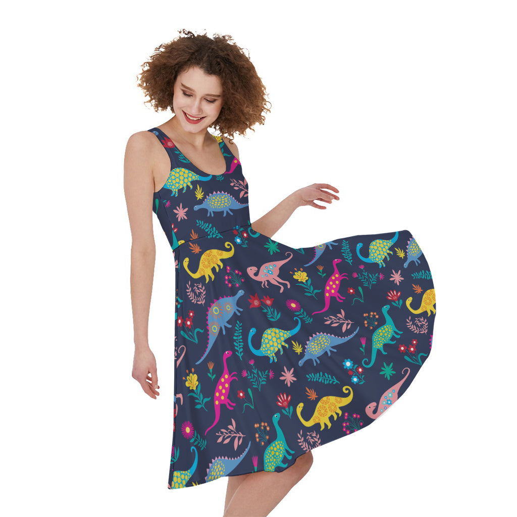 Cute Dino Floral Pattern Print Women's Sleeveless Dress