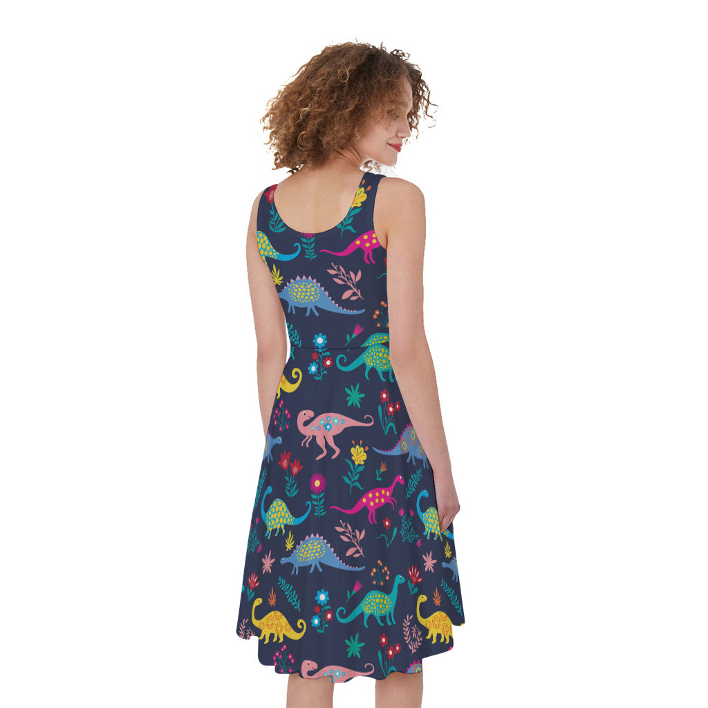 Cute Dino Floral Pattern Print Women's Sleeveless Dress