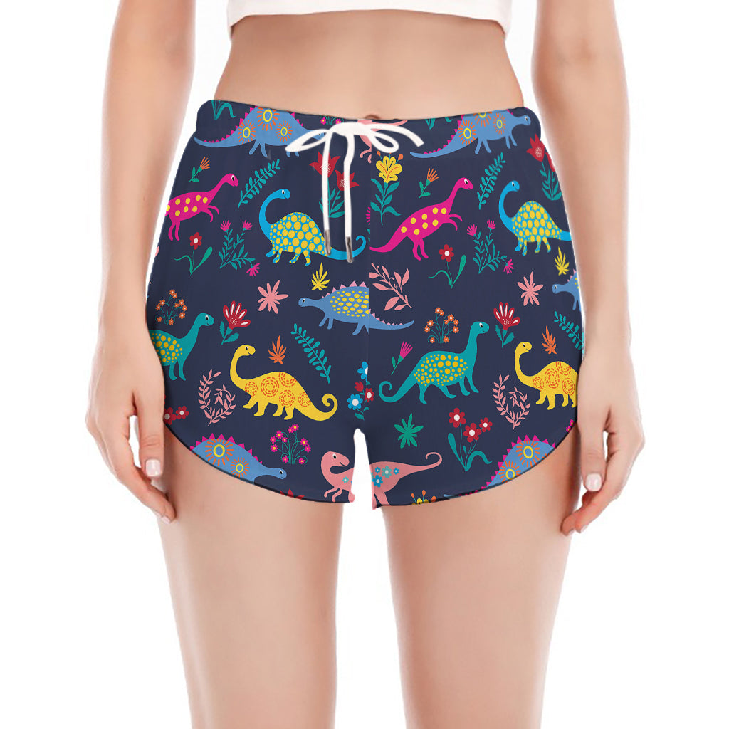 Cute Dino Floral Pattern Print Women's Split Running Shorts