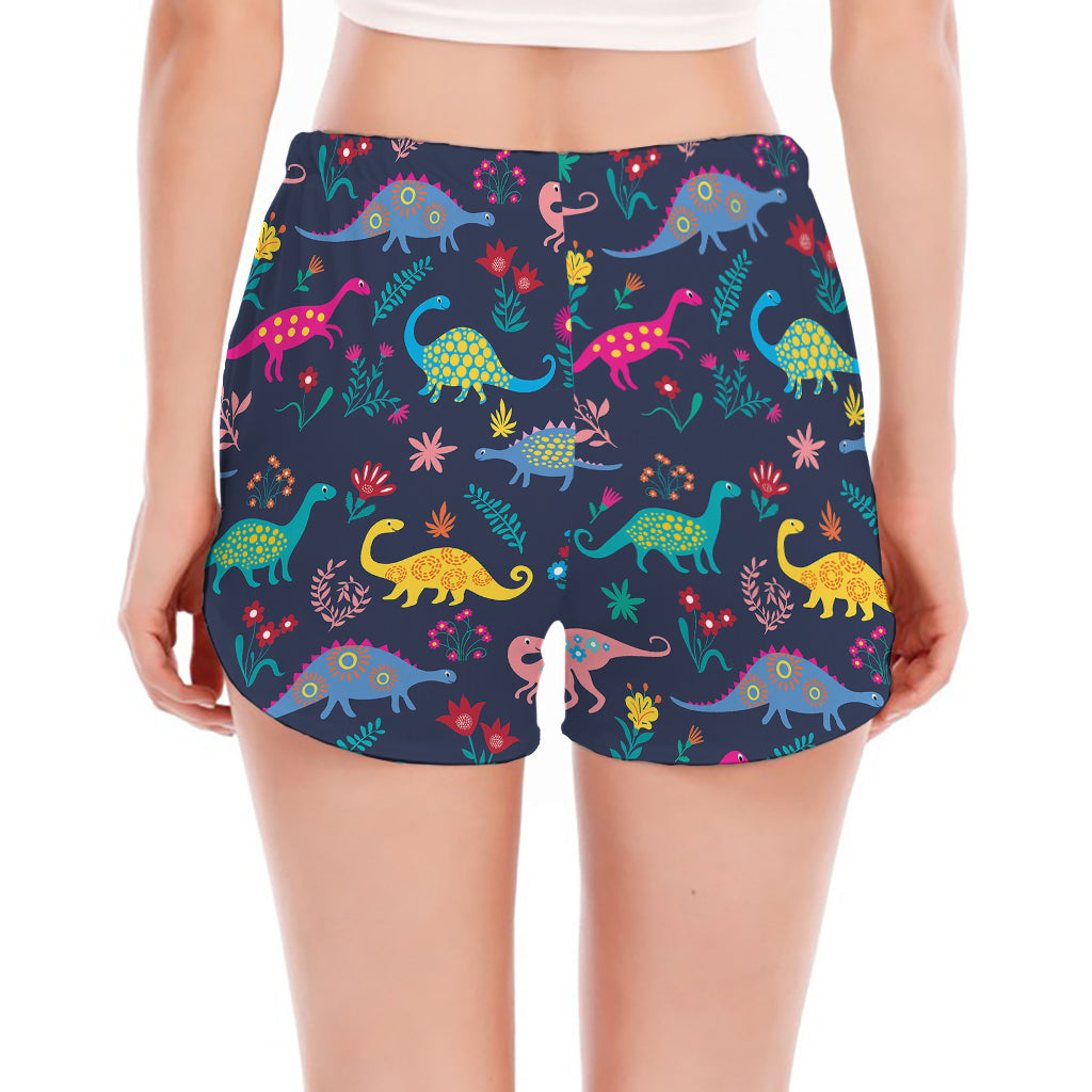 Cute Dino Floral Pattern Print Women's Split Running Shorts