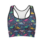 Cute Dino Floral Pattern Print Women's Sports Bra