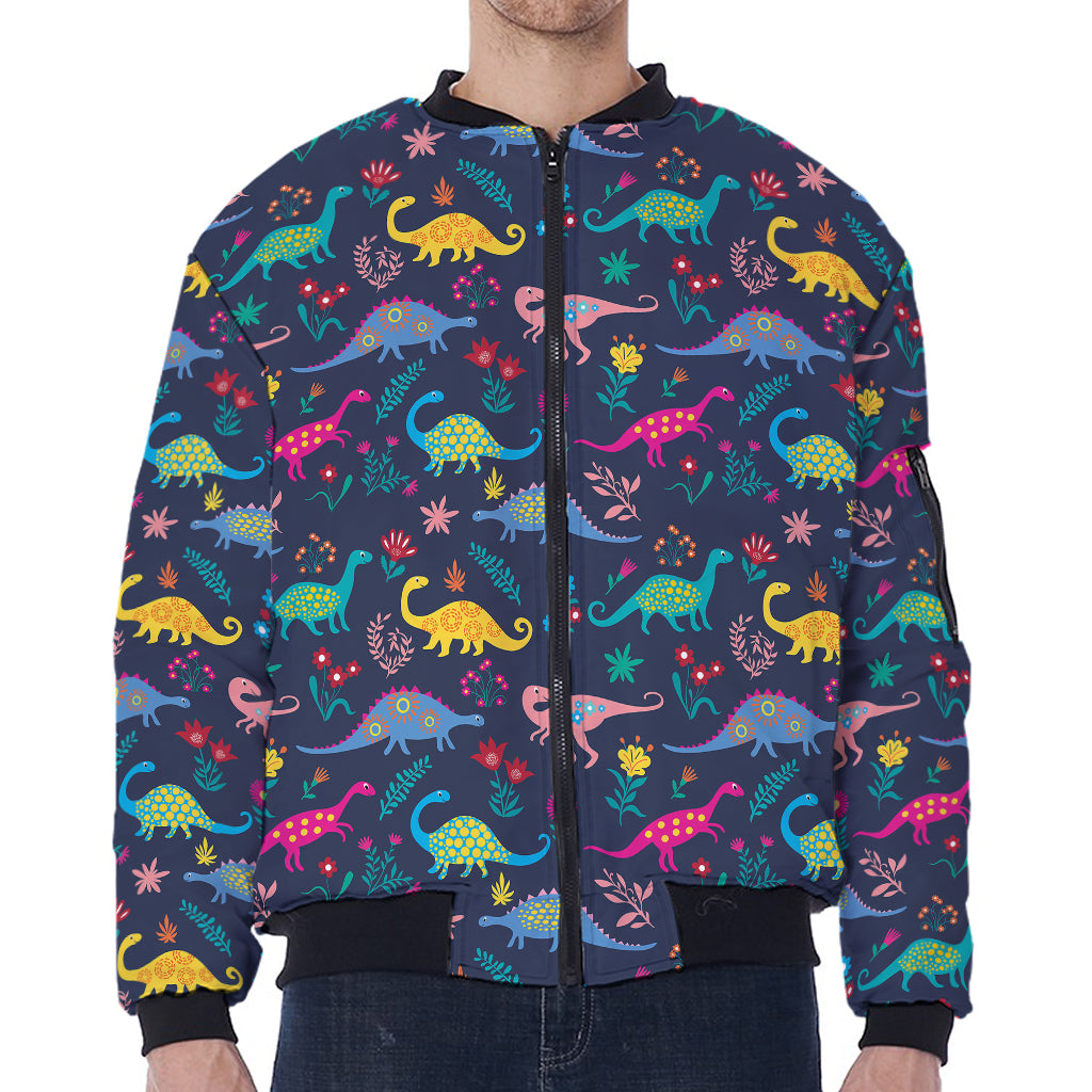 Cute Dino Floral Pattern Print Zip Sleeve Bomber Jacket