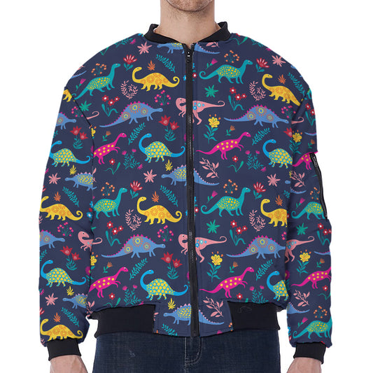 Cute Dino Floral Pattern Print Zip Sleeve Bomber Jacket