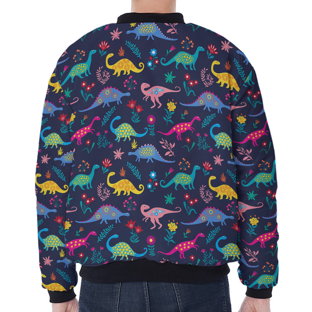 Cute Dino Floral Pattern Print Zip Sleeve Bomber Jacket