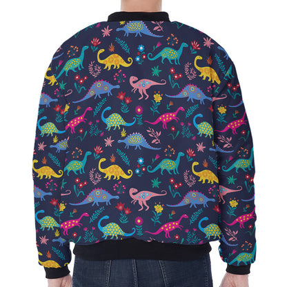 Cute Dino Floral Pattern Print Zip Sleeve Bomber Jacket