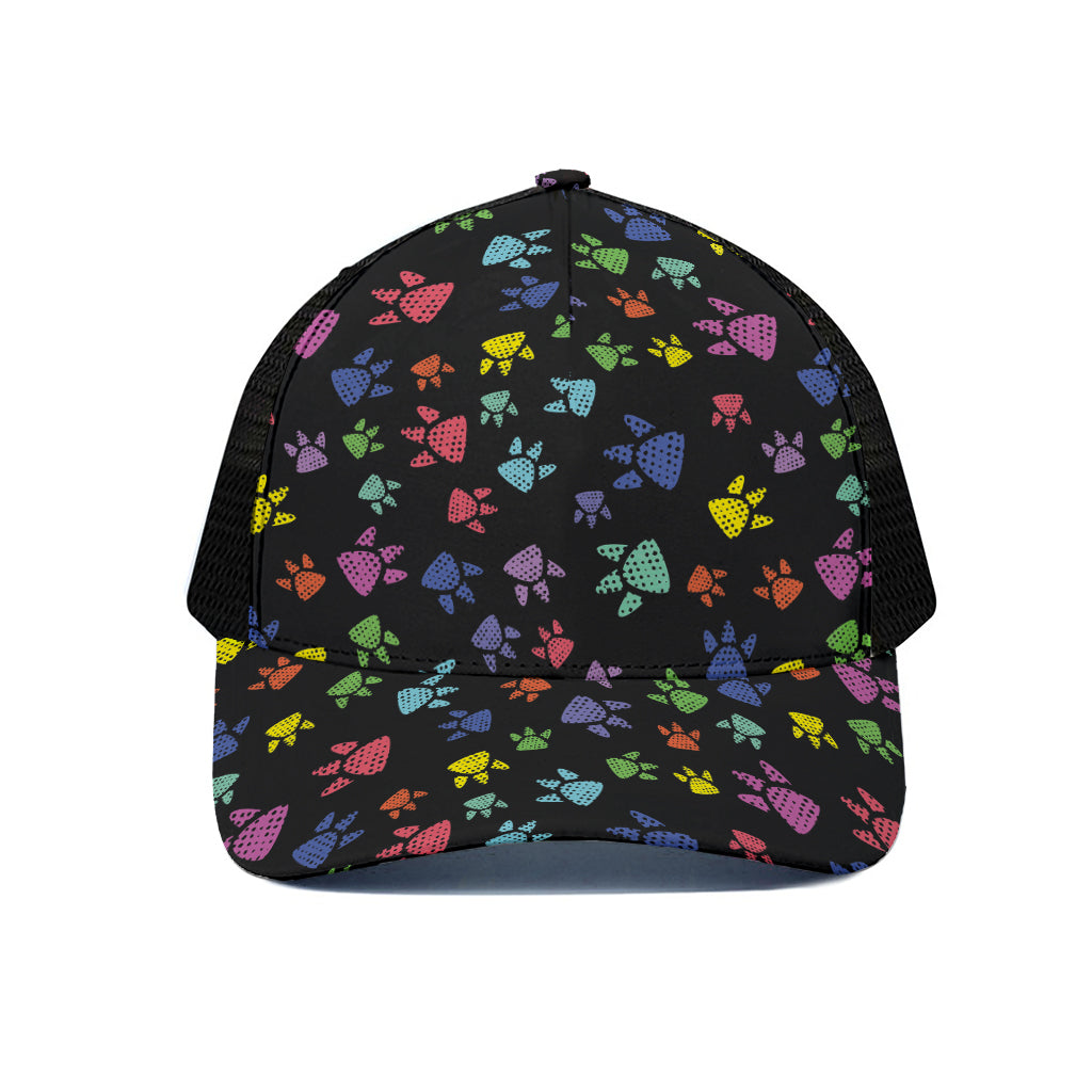 Cute Dino Footprint Pattern Print Black Mesh Trucker Cap
