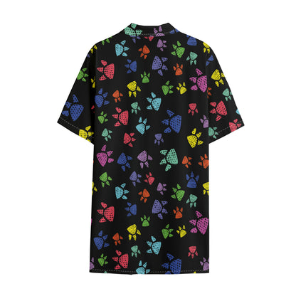 Cute Dino Footprint Pattern Print Cotton Hawaiian Shirt