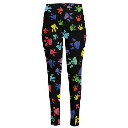 Cute Dino Footprint Pattern Print High-Waisted Pocket Leggings