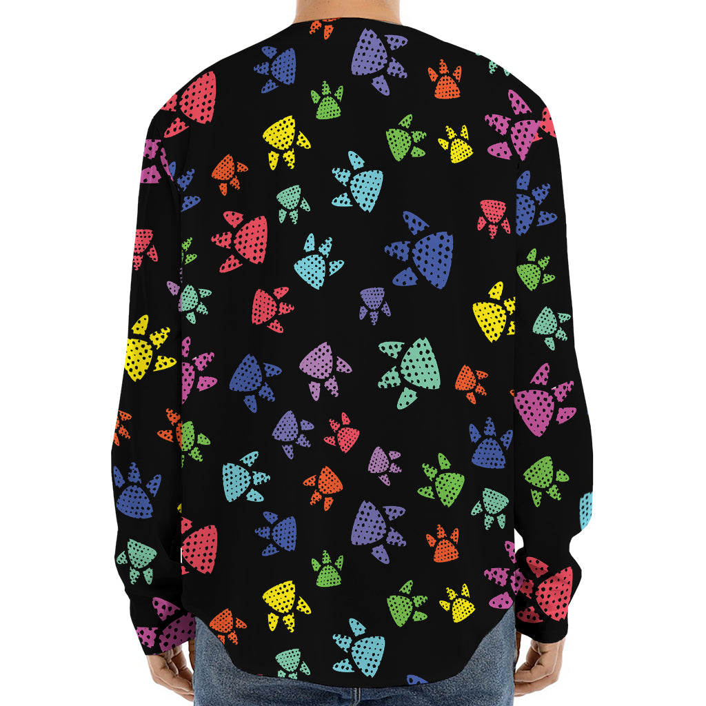 Cute Dino Footprint Pattern Print Long Sleeve Baseball Jersey