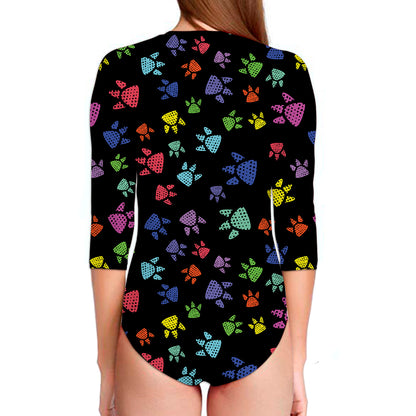 Cute Dino Footprint Pattern Print Long Sleeve Swimsuit