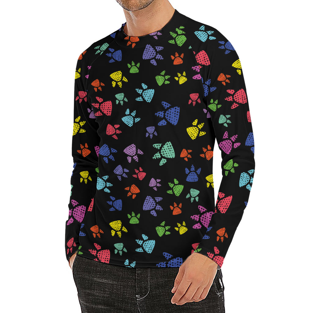 Cute Dino Footprint Pattern Print Men's Long Sleeve Rash Guard