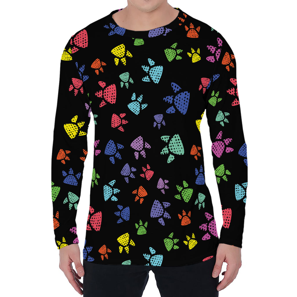 Cute Dino Footprint Pattern Print Men's Long Sleeve T-Shirt