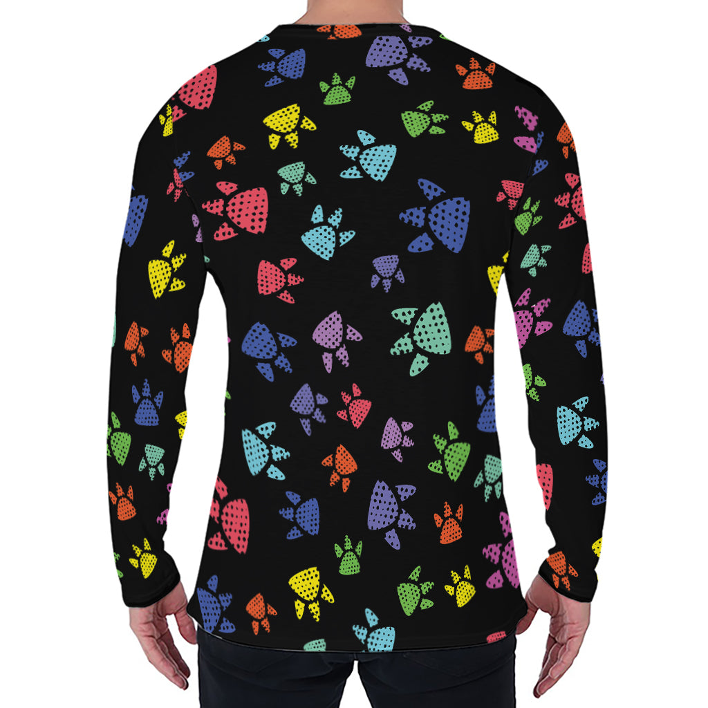 Cute Dino Footprint Pattern Print Men's Long Sleeve T-Shirt
