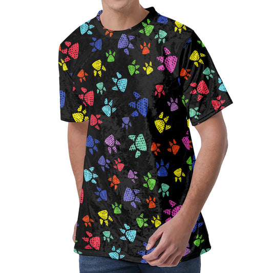 Cute Dino Footprint Pattern Print Men's Velvet T-Shirt