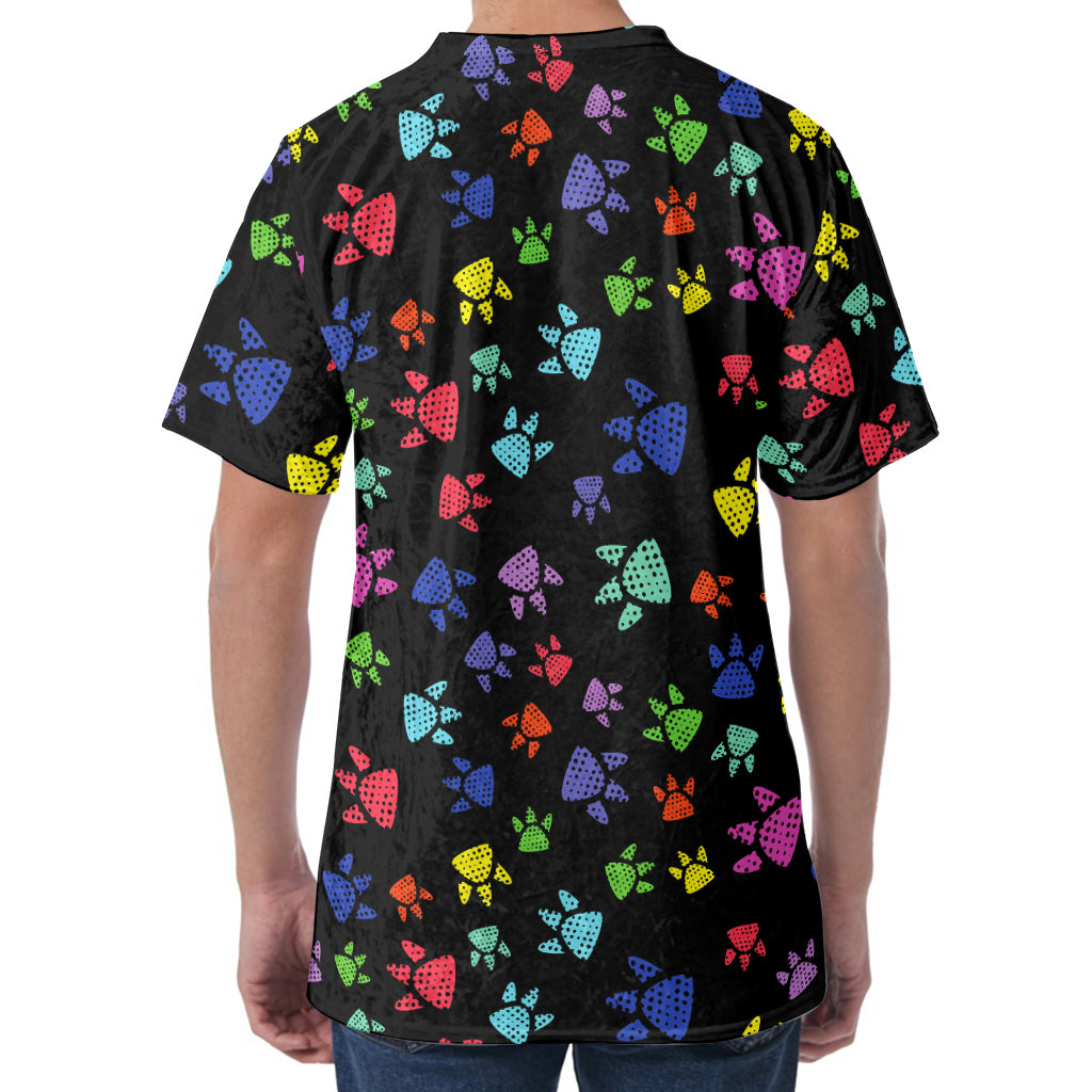 Cute Dino Footprint Pattern Print Men's Velvet T-Shirt