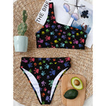 Cute Dino Footprint Pattern Print One Shoulder Bikini Top