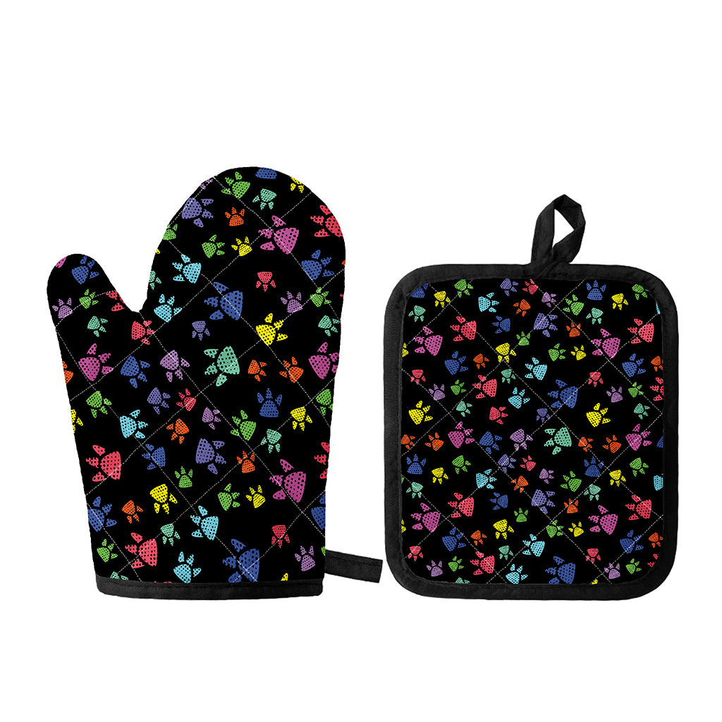Cute Dino Footprint Pattern Print Oven Mitt And Pot Holder Set