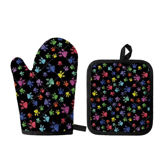 Cute Dino Footprint Pattern Print Oven Mitt And Pot Holder Set