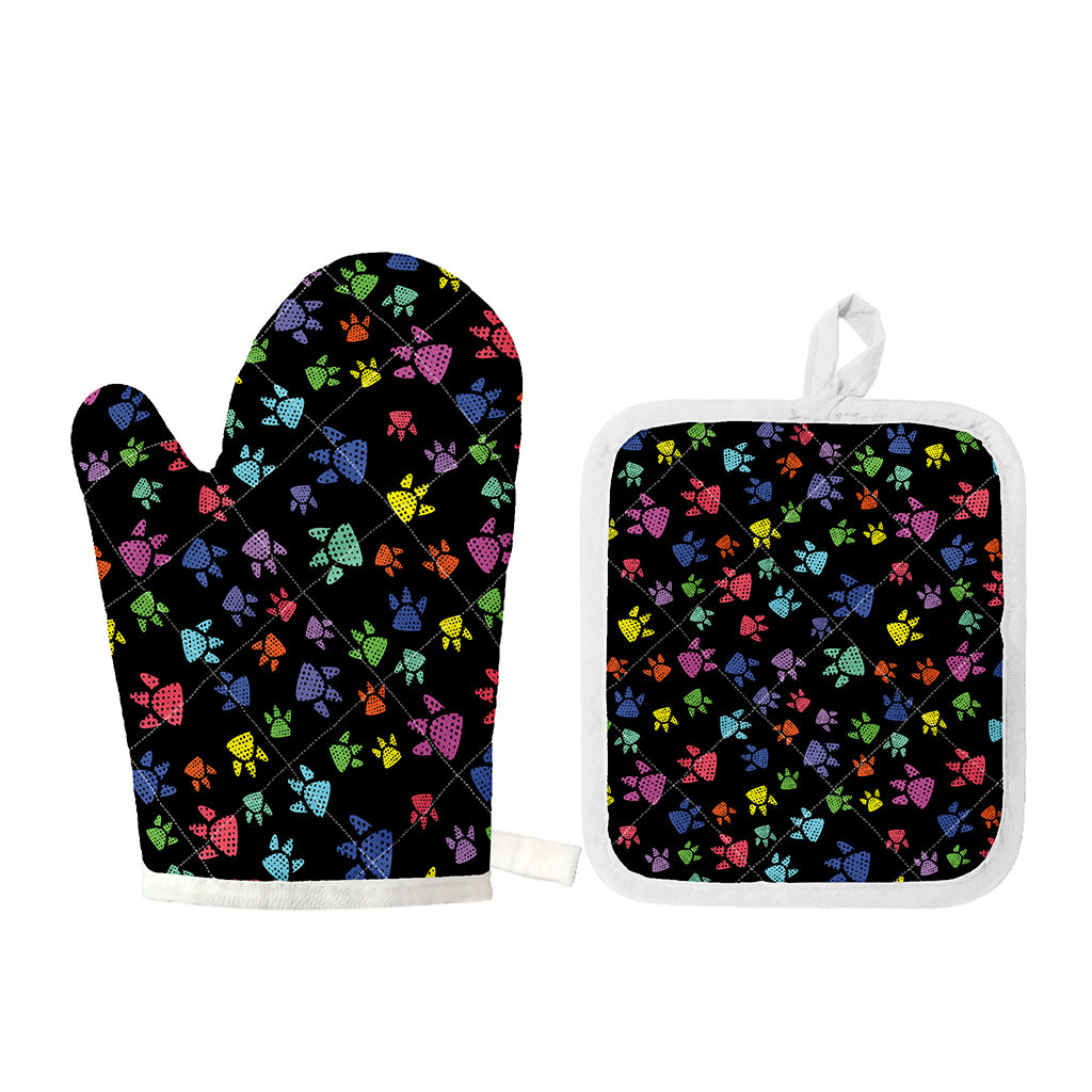 Cute Dino Footprint Pattern Print Oven Mitt And Pot Holder Set