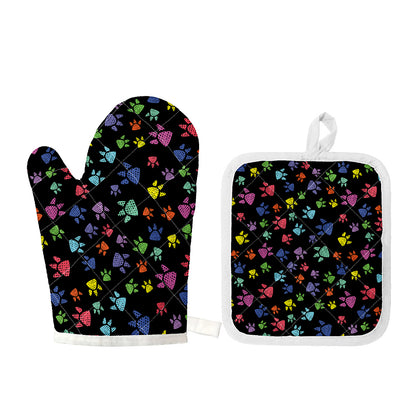 Cute Dino Footprint Pattern Print Oven Mitt And Pot Holder Set