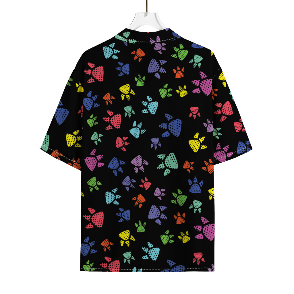 Cute Dino Footprint Pattern Print Rayon Hawaiian Shirt