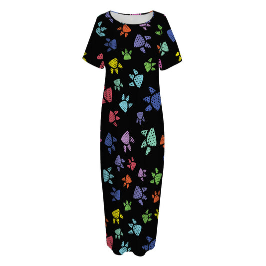 Cute Dino Footprint Pattern Print Short Sleeve Long Nightdress