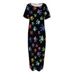 Cute Dino Footprint Pattern Print Short Sleeve Long Nightdress