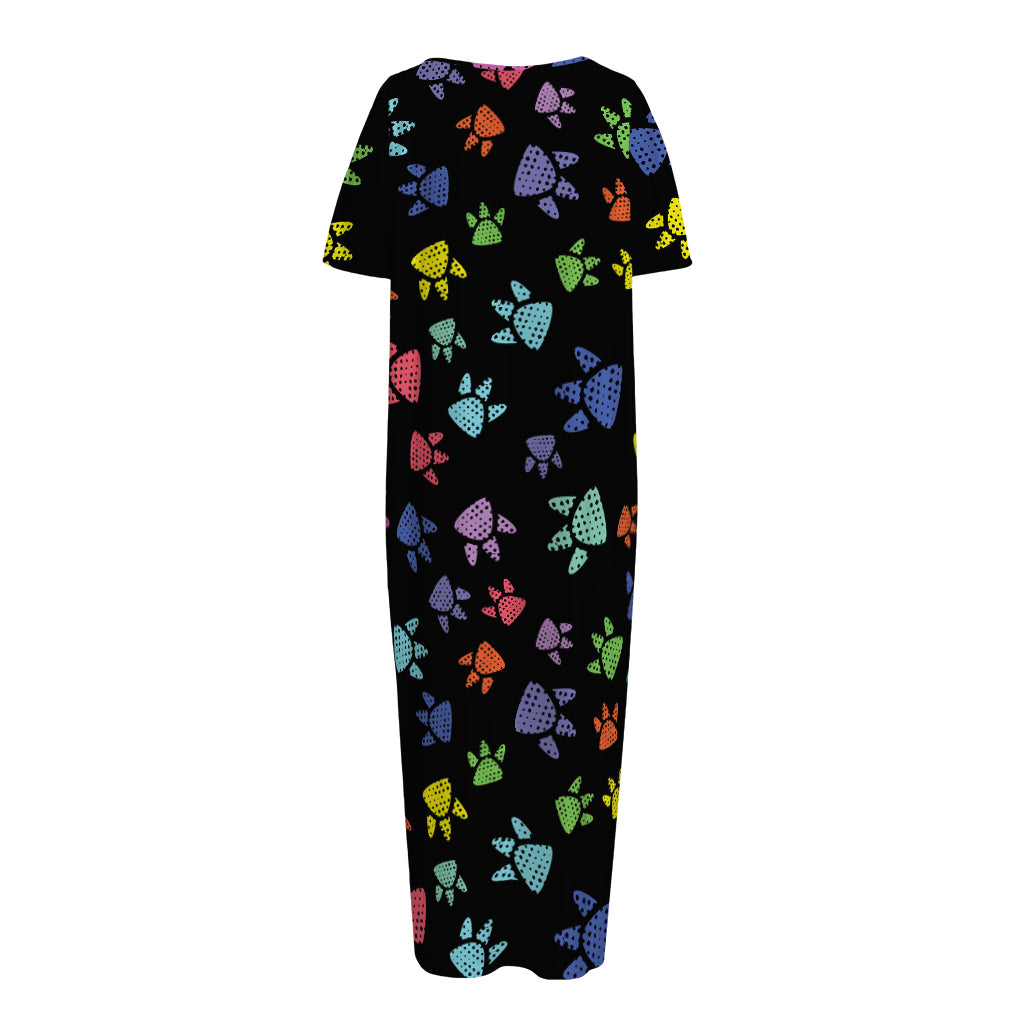 Cute Dino Footprint Pattern Print Short Sleeve Long Nightdress