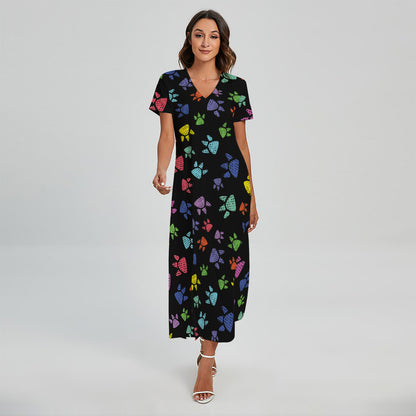 Cute Dino Footprint Pattern Print Short Sleeve Maxi Dress