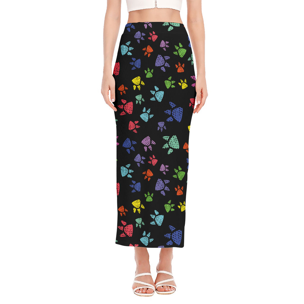 Cute Dino Footprint Pattern Print Side Slit Maxi Skirt