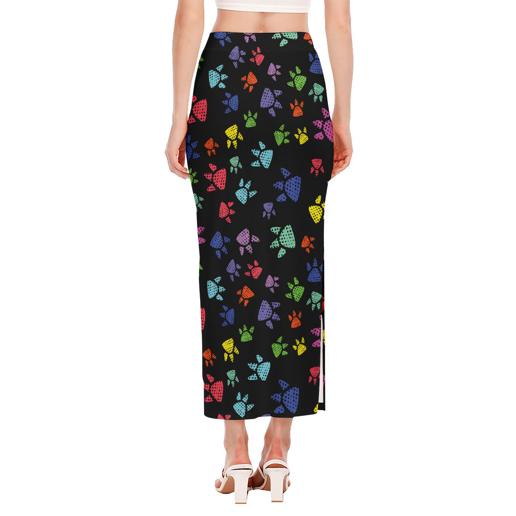 Cute Dino Footprint Pattern Print Side Slit Maxi Skirt