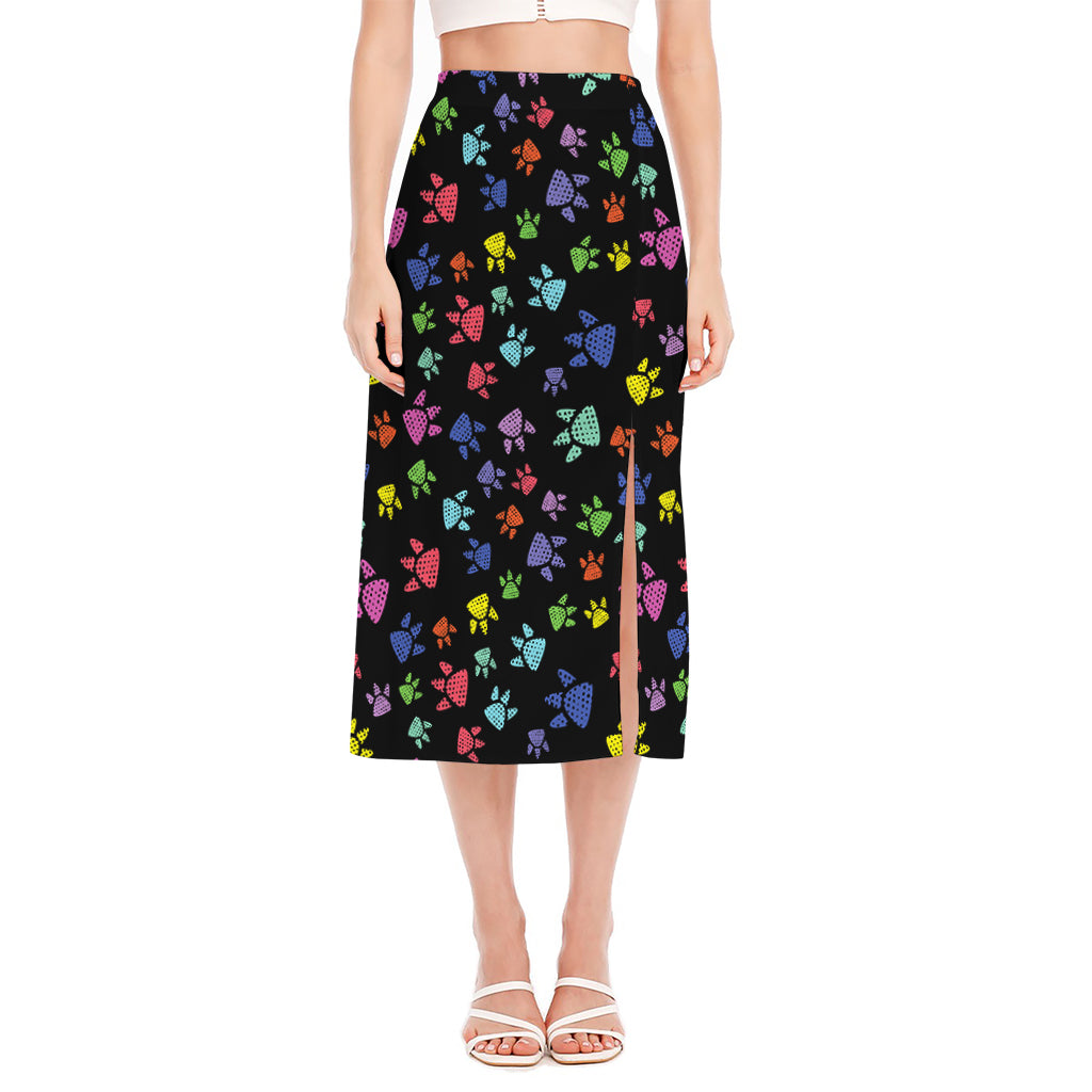 Cute Dino Footprint Pattern Print Side Slit Midi Skirt