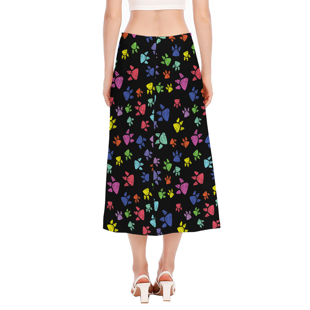 Cute Dino Footprint Pattern Print Side Slit Midi Skirt