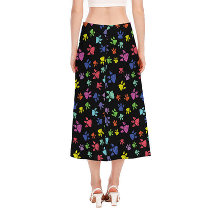 Cute Dino Footprint Pattern Print Side Slit Midi Skirt