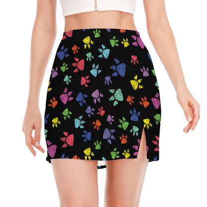 Cute Dino Footprint Pattern Print Side Slit Mini Skirt