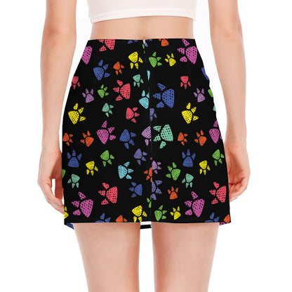 Cute Dino Footprint Pattern Print Side Slit Mini Skirt