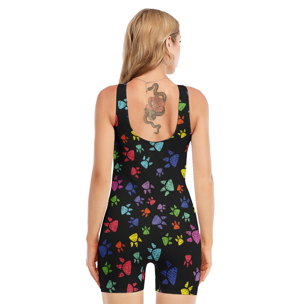 Cute Dino Footprint Pattern Print Sleeveless One Piece Swimsuit