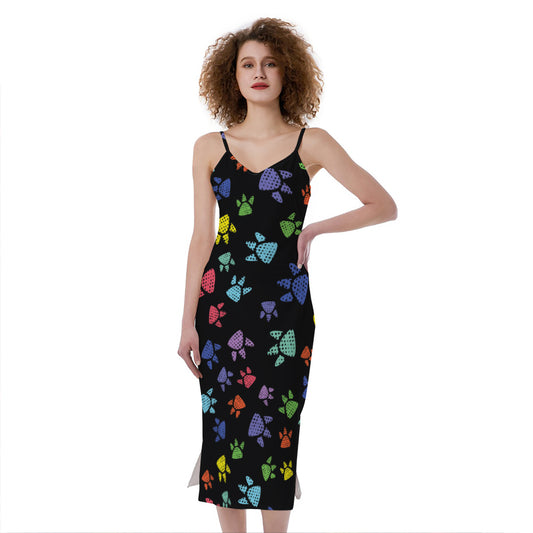 Cute Dino Footprint Pattern Print Slim Fit Midi Cami Dress