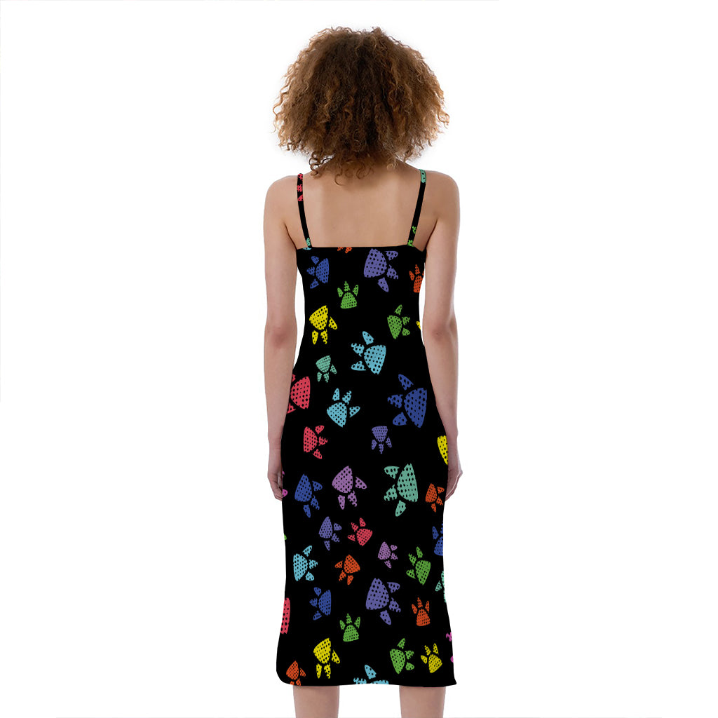 Cute Dino Footprint Pattern Print Slim Fit Midi Cami Dress