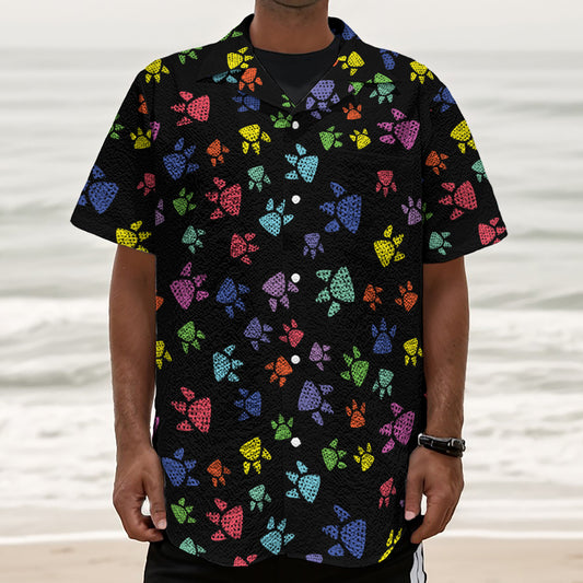 Cute Dino Footprint Pattern Print Textured Short Sleeve Shirt