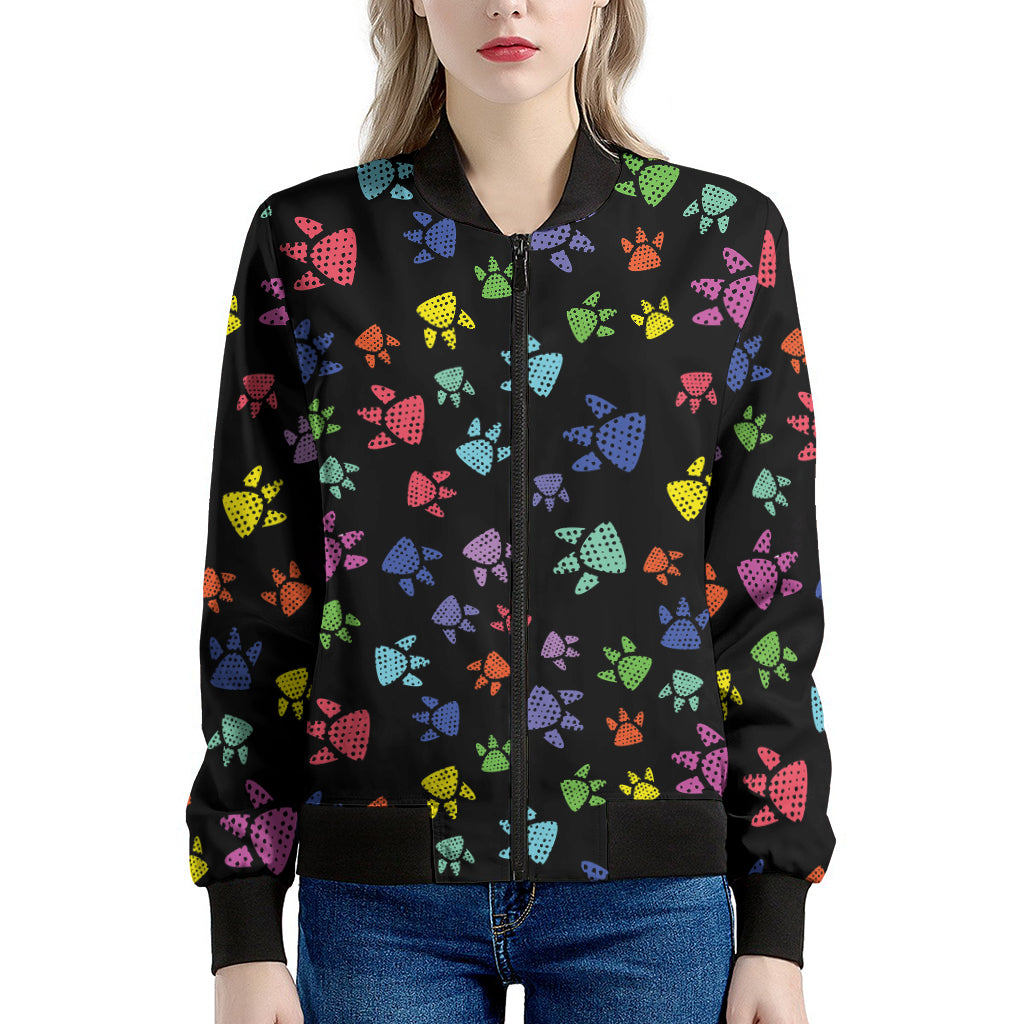 Cute Dino Footprint Pattern Print Women's Bomber Jacket